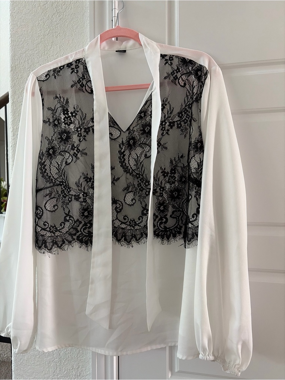 SHEIN White Blouse with Black Floral Lace and Tie